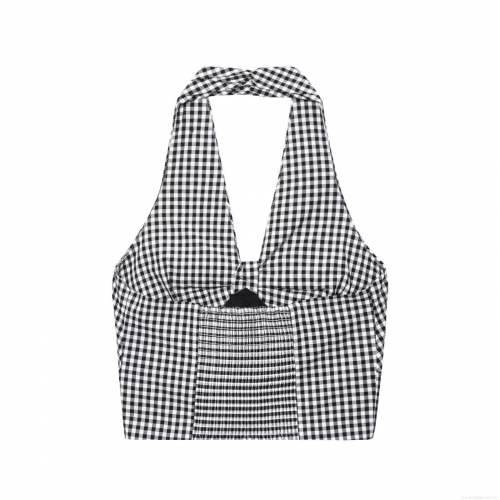 Women's Gingham Halter Cami Top Sexy Black White Plaid Cropped Tank Top Smocked Back Sleeveless Sweet Summer Blouse For Dating Beach Vacation