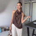 Women's Sexy Satin Halter Top Cowl Neck Backless Sleeveless Blouse Elegant Solid Color Silk Like Shirt For Party Club Wedding Vacation