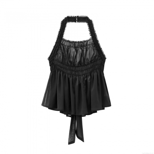 Women's Sexy Halter Neck Pleated Chiffon Top Elegant Smocked Ruffle Camisole With Back Bow Tie Polyester Sleeveless Blouse For Summer Party Dating