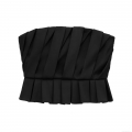 Women Sexy Pleated Satin Tube Top Strapless Ruffled Crop Top Party Wedding Evening Wear Elegant Slim Fit Backless Bustier Solid Black Summer Fashion