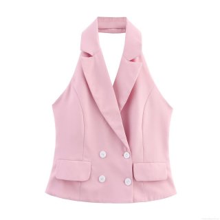 Women Halter Neck Vest Top Polyester Double Breasted Lapel Sleeveless Short Vest For Party Dating Elegant Pink Slim Fit Camisole