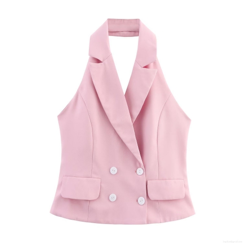 Women Halter Neck Vest Top Polyester Double Breasted Lapel Sleeveless Short Vest For Party Dating Elegant Pink Slim Fit Camisole
