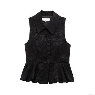 Women Sexy Peplum Jacquard Vest Top Sleeveless Lapel Collar Single Breasted Floral Leaf Pattern INS Style Socialite Summer Tank Top