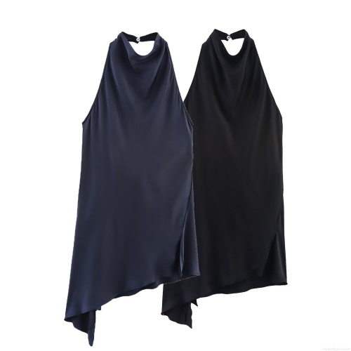 Women's Satin Halter Neck Top Elegant Sleeveless Backless Silk Texture Asymmetrical Hem Camisole Blouse For Party Clubwear