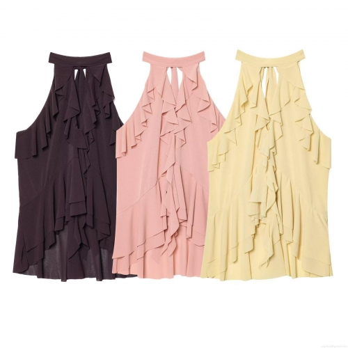 Women's Sexy Halter Neck Ruffled Sleeveless Top Layered Chiffon Summer Tank Top For Party Casual Solid Color Blouse