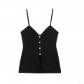 Women Sexy V-Neck Spaghetti Strap Camisole Crepe Fabric Tank Top With Metal Buttons Slit Hem Streetwear Casual Summer Top For Women