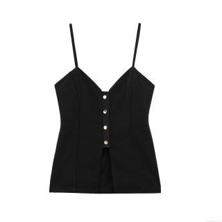 Women Sexy V-Neck Spaghetti Strap Camisole Crepe Fabric Tank Top With Metal Buttons Slit Hem Streetwear Casual Summer Top For Women