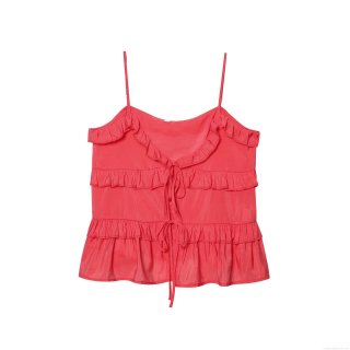 Women Sexy Ruffle Tiered Tank Top Spaghetti Strap Tie Up Satin Camisole Tencel Summer Top Party Dating Solid Color Sleeveless Blouse