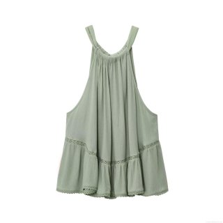 Women Halter Neck Sleeveless Top Elegant Lace Patchwork Ruffle Hem Boho Blouse Sage Green Polyester Back Bow Tie Crop Shirt For Summer Party Casual