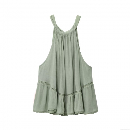 Women Halter Neck Sleeveless Top Elegant Lace Patchwork Ruffle Hem Boho Blouse Sage Green Polyester Back Bow Tie Crop Shirt For Summer Party Casual