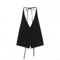 Women's Sexy Black Halter Backless Top With Bow Tie Detail Woven Polyester Bamboo Linen Sleeveless Vest For Party Clubwear Sexy Elegant Design