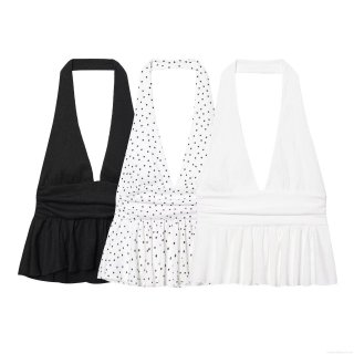 Women Sexy Halter Neck Ruffle Hem Crop Top Pleated Polka Dot Sleeveless Backless Summer Tank Top For Party Dating Fashion Ladies Seersucker Apparel