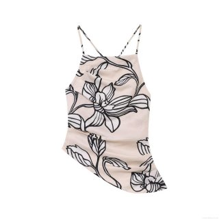 Women Sexy Halter Neck Cami Top Linen Blend Backless Criss Cross Strappy Floral Print Irregular Hem Summer Vacation Casual Sleeveless Tank Top