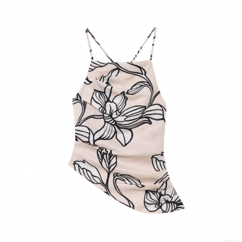 Women Sexy Halter Neck Cami Top Linen Blend Backless Criss Cross Strappy Floral Print Irregular Hem Summer Vacation Casual Sleeveless Tank Top
