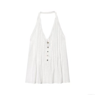 Sexy Women Halter Top V-Neck Backless Button Up Pleated Bamboo Linen Texture Sleeveless Camisole For Summer Vacation Beach Party INS Influencer Style