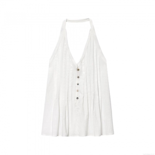 Sexy Women Halter Top V-Neck Backless Button Up Pleated Bamboo Linen Texture Sleeveless Camisole For Summer Vacation Beach Party INS Influencer Style
