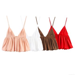 Women's Sexy Satin Camisole Top Deep V Neck Spaghetti Strap Bubble Hem Puffy Crop Top Elegant Solid Color Party Clubwear Tank Top