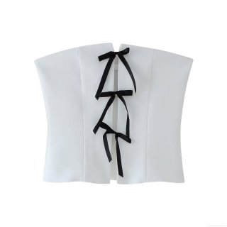 Women's Strapless White Tube Top 100% Polyester Slim Fit With Black Bow Tie Contrast Decoration French Elegant Sexy Crop Top For Party Club Date Women Fashion