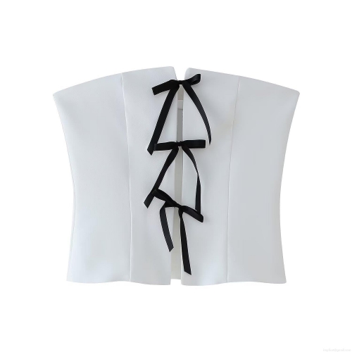 Women's Strapless White Tube Top 100% Polyester Slim Fit With Black Bow Tie Contrast Decoration French Elegant Sexy Crop Top For Party Club Date Women Fashion