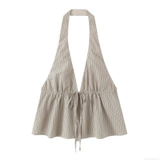 Women's Halter Neck Striped Top Sexy Deep V-Neck Drawstring Waist Peplum Tank Top Sleeveless Summer Casual Cotton Blend Striped Camisole For Women