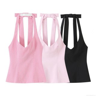 Sexy Halter Neck Bow Backless Sleeveless Top For Women Slim Fit Polyester Gingham Solid Tank Top Summer Party Clubwear