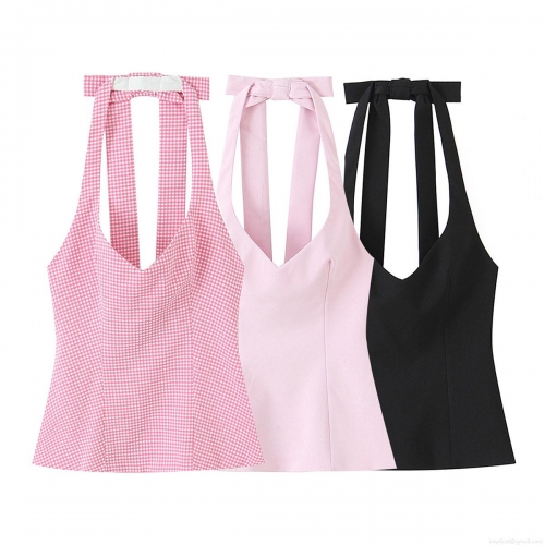 Sexy Halter Neck Bow Backless Sleeveless Top For Women Slim Fit Polyester Gingham Solid Tank Top Summer Party Clubwear