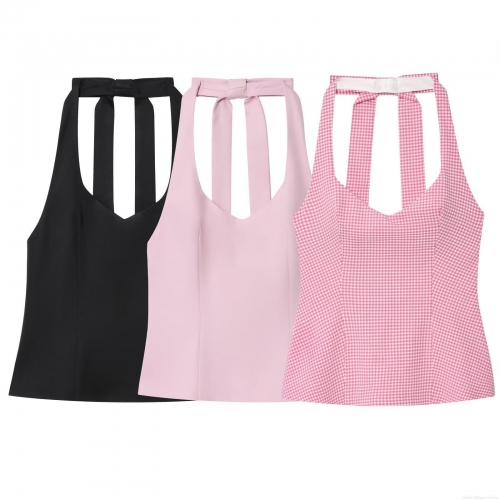 Sexy Women Halter Top V-Neck Backless Bow Tie Slim Fit Polyester Tank Top Summer Dating Sweet Pink Gingham Black Sleeveless Vest Top