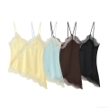 Women's Sexy Satin Camisole Top Lace Trim Patchwork Asymmetric Hem V-Neck Sleeveless Sling Top Summer Party Clubwear For Ladies