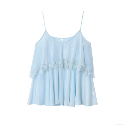 Women's Sweet Light Blue Lace Patchwork Camisole Top Ruffle Layered Chiffon Cami Tank Top For Summer Dating Party Club Wear Elegant Aesthetic Sleeveless Blouse