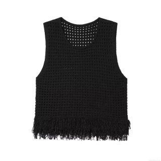 Women's Crochet Knitted Tank Top Sleeveless Hollow Out Plaid Tassel Hem Bohemian Summer Beach Vest Top Fashion Casual Knitted Camisole for Ladies