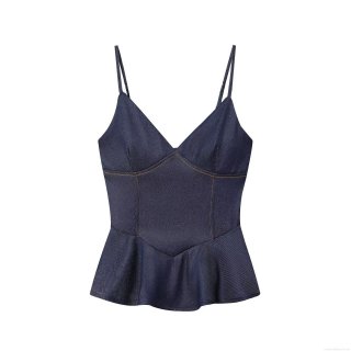 Women Sexy Denim Peplum Cami Top V Neck Backless Contrast Stitching Tank Top For Summer Vacation Party Fashion Slim Fit Blue Sleeveless Camisole