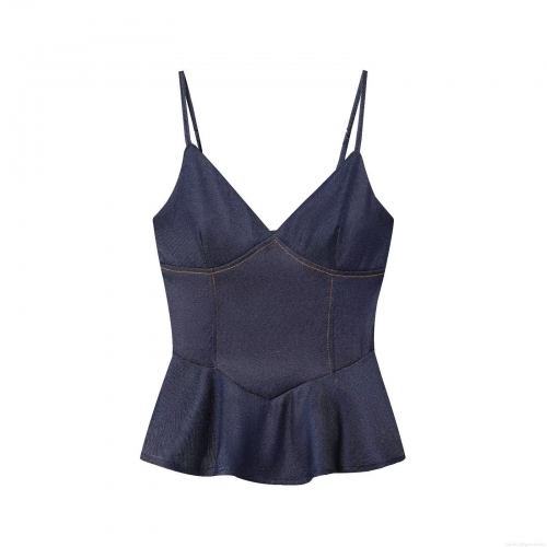 Women Sexy Denim Peplum Cami Top V Neck Backless Contrast Stitching Tank Top For Summer Vacation Party Fashion Slim Fit Blue Sleeveless Camisole