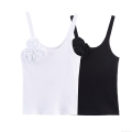 Women Sexy Rib Knit Camisole With 3D Rose Flower Spaghetti Strap Slim Fit Polyester Tank Top Sleeveless Basic Shirt For Daily Party