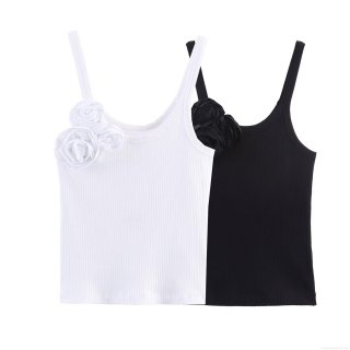 Women Sexy Rib Knit Camisole With 3D Rose Flower Spaghetti Strap Slim Fit Polyester Tank Top Sleeveless Basic Shirt For Daily Party