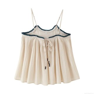 Women's Sexy Pleated Camisole Tank Top With Contrast Ruffle Trim Adjustable Spaghetti Straps Slim Fit Chiffon Blouse For Summer Party