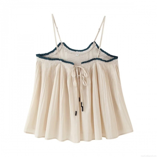 Women's Sexy Pleated Camisole Tank Top With Contrast Ruffle Trim Adjustable Spaghetti Straps Slim Fit Chiffon Blouse For Summer Party