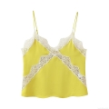 Women's Sexy Fluorescent Yellow Lace Trim Camisole Top Satin Texture V-Neck Adjustable Spaghetti Strap Slim Fit Sleeveless Cami Tank Top