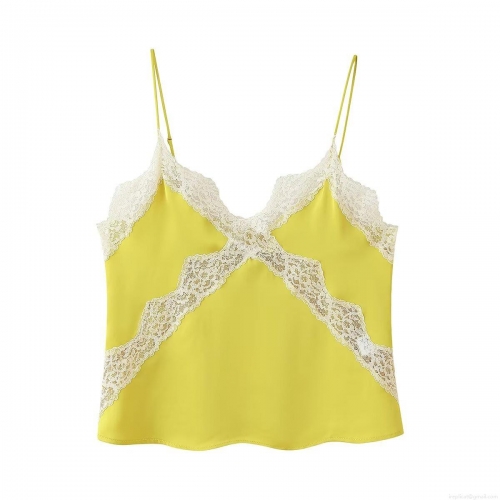 Women's Sexy Fluorescent Yellow Lace Trim Camisole Top Satin Texture V-Neck Adjustable Spaghetti Strap Slim Fit Sleeveless Cami Tank Top