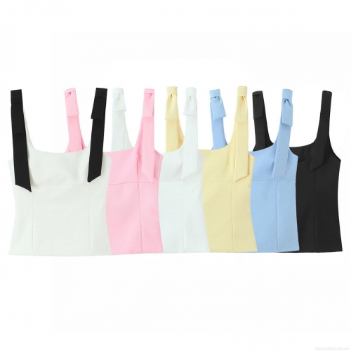 Women's Bow Knot Shoulder Strap Camisole Polyester Slim Fit Square Neck Tank Top Solid Color Summer Streetwear Versatile Vest For Daily Party Wear