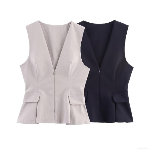 Women's Peplum Waistcoat Top Elegant V Neck Sleeveless Vest Slim Fit Polyester Woven Fabric Zipper Front Commuter Style Office Party Wear For Ladies