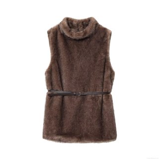Women's Faux Fur Vest Top Elegant High Neck Sleeveless Polyester Waistcoat With Belt For Party Dating Club Old Money Style Slim Fit Warm Furry Top