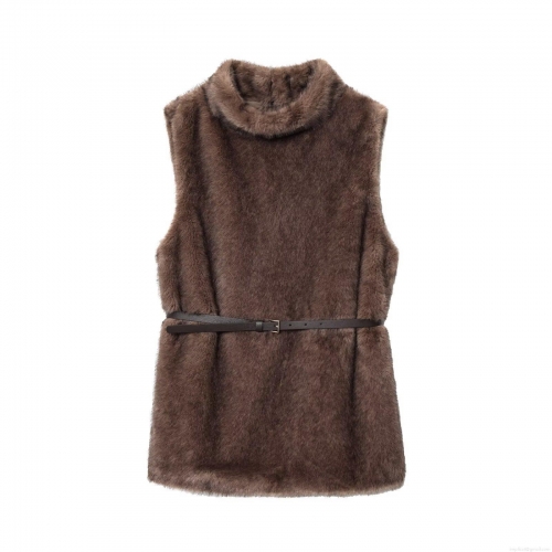 Women's Faux Fur Vest Top Elegant High Neck Sleeveless Polyester Waistcoat With Belt For Party Dating Club Old Money Style Slim Fit Warm Furry Top