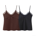 Sexy Women V-Neck Lace Satin Camisole Spaghetti Straps Sleeveless Solid Color Polyester Silk-like Tank Top For Daily Party Nightwear Elegant Chic Vest