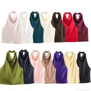 Women's Elegant Halter Neck Satin Top Cowl Neck Backless Sleeveless Silky Glossy Tank Top For Party Club Evening Casual Sexy Summer Camisole