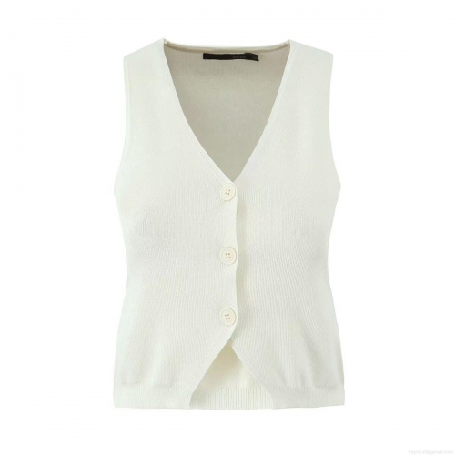 Women's French Style V-Neck Single-Breasted Knitted Vest Casual Solid Color Sleeveless Sweater Tank Top For Women Spring Autumn