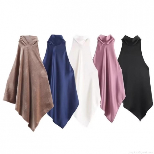 Women Sexy Cowl Neck Satin Tank Top Halter Backless Asymmetric Hem Slim Fit Sleeveless Solid Color Socialite Party Top for Summer