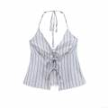 Women's Blue White Striped Halter Top With Lace Trim Bow Front Sexy Backless Camisole For Summer Vacation Sleeveless Polyester Tank Top