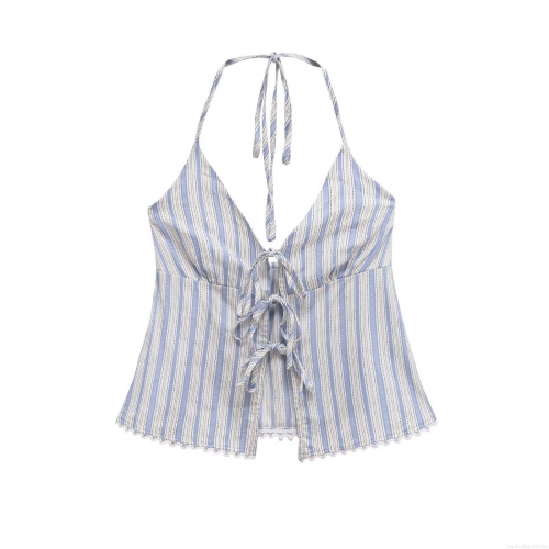 Women's Blue White Striped Halter Top With Lace Trim Bow Front Sexy Backless Camisole For Summer Vacation Sleeveless Polyester Tank Top