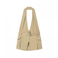 Women's Halter Neck Cargo Top With Metal Buckle Belt Large Pockets Sexy Backless Slim Fit Khaki Polyester Cotton Sleeveless Vest Streetwear Chic Fashion