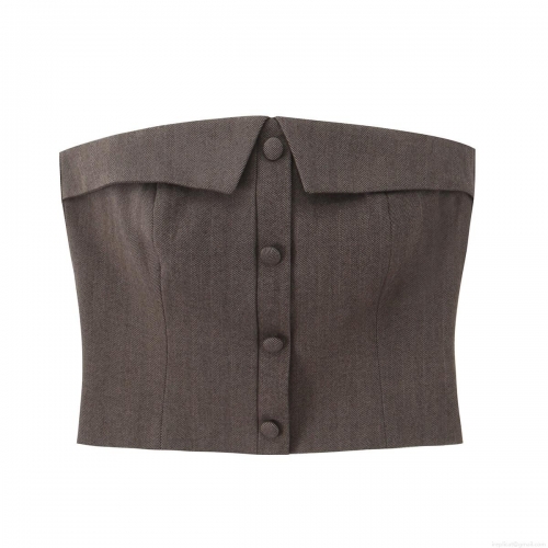 Women Strapless Tube Top Herringbone Pattern Button Front Lapel Design Sexy Slim Fit Crop Top For Party Clubwear Daily Casual Streetwear